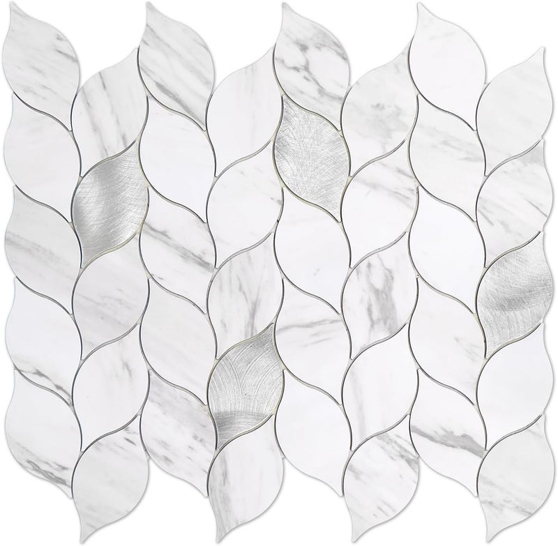Tilingview 10-Sheet Peel and Stick Backsplash Tile for Kitchen, Self-Adhesive Mosaic Leaf Shape PVC Mixed Metal Wall Tile with Gaps (Leaf Gaps Marble) - Image 1